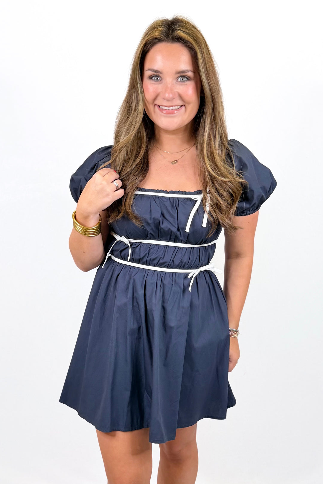 Navy Pleated Bow Trim Babydoll Dress | Day + Moon