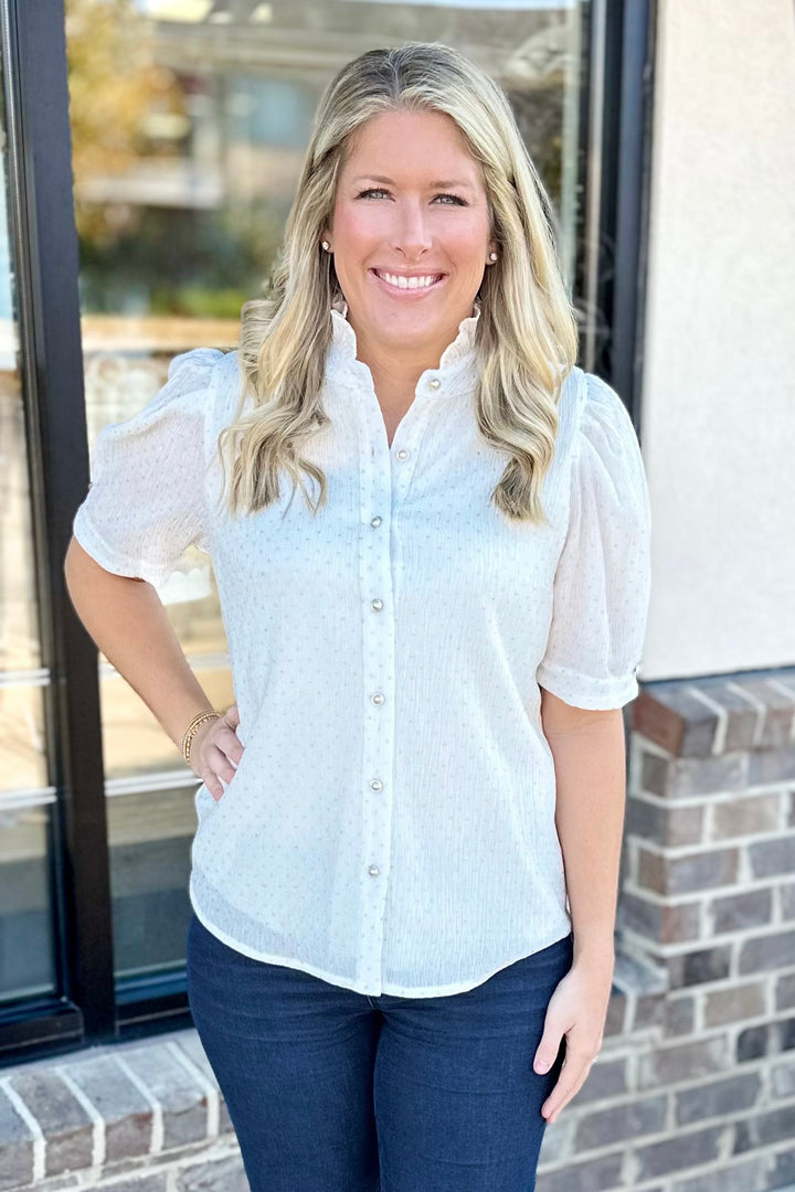 CREAM & GOLD STUD EMBELLISHED PUFF SLEEVE TOP