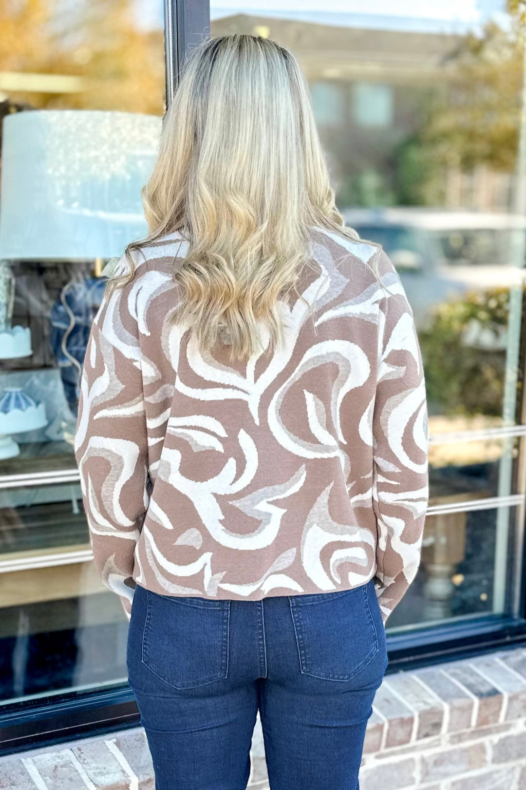 TAUPE SWIRL MOCK NECK SWEATER