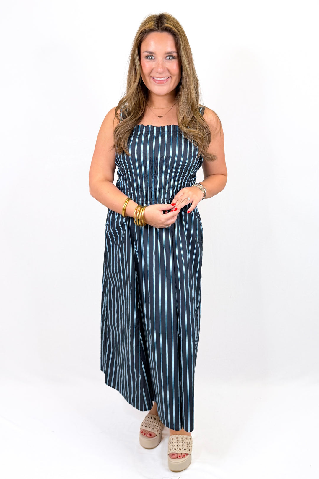 NAVY & LIGHT BLUE STRIPE SMOCKED MIDI DRESS