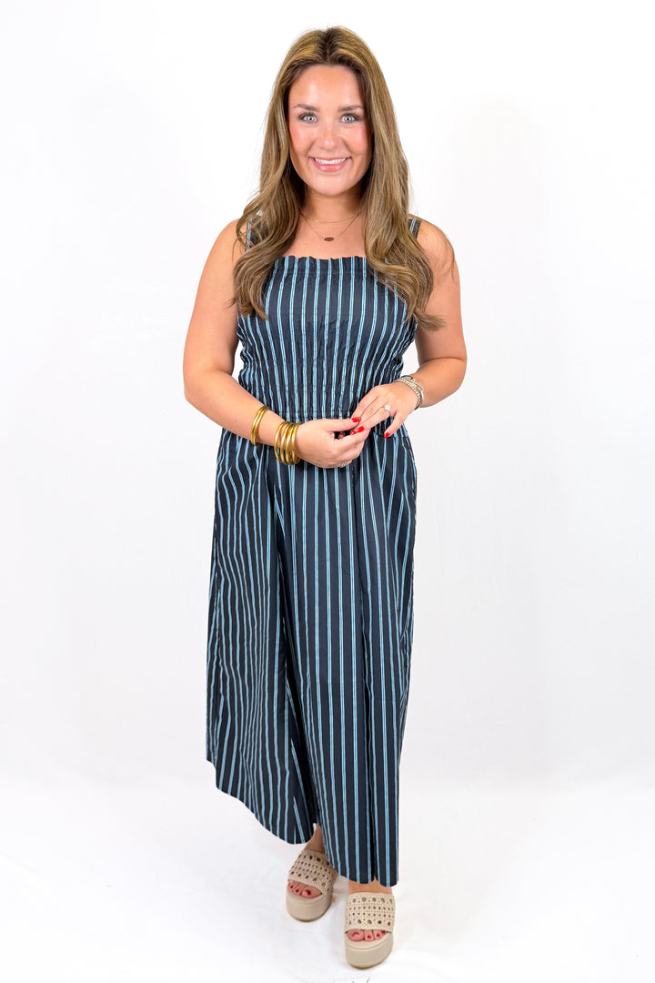NAVY & LIGHT BLUE STRIPE SMOCKED MIDI DRESS