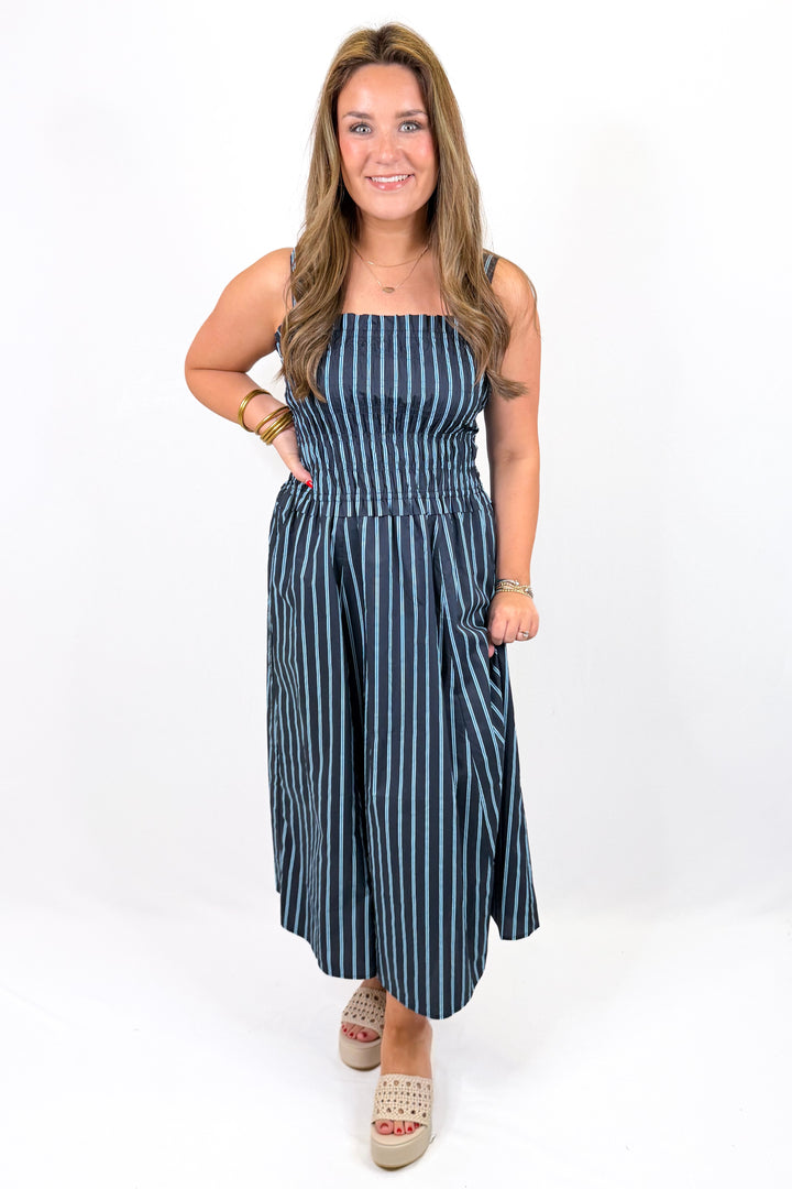 NAVY & LIGHT BLUE STRIPE SMOCKED MIDI DRESS