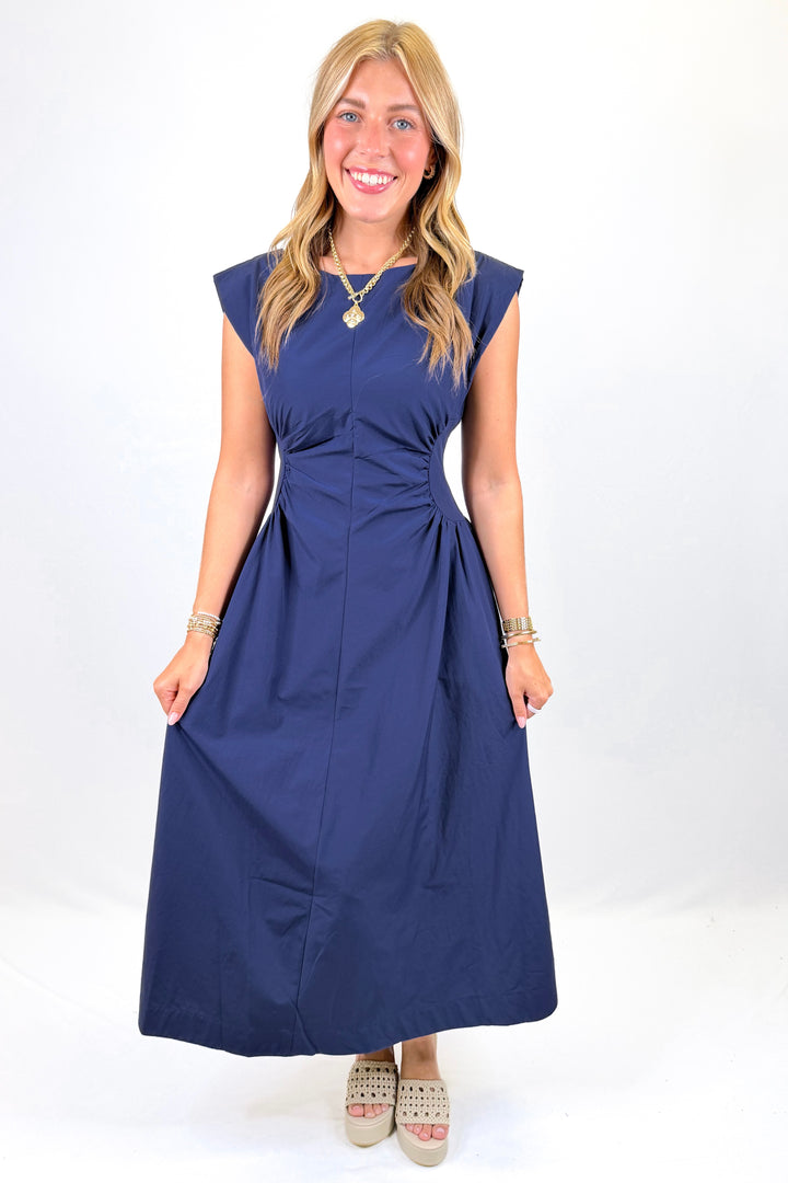 NAVY GATHERED SIDE MIDI DRESS