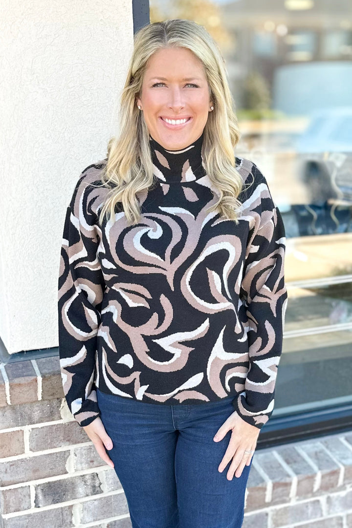 BLACK SWIRL MOCK NECK SWEATER