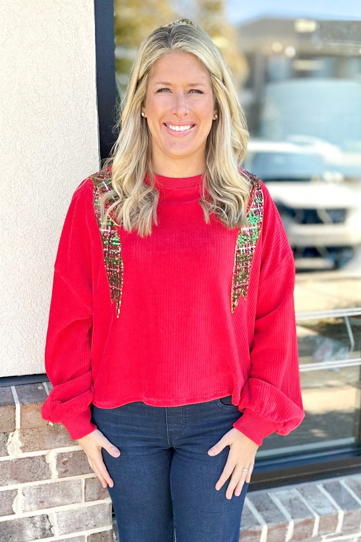 RED SEQUIN BOW SHOULDER TOP