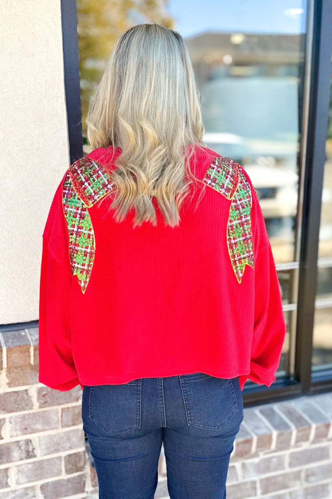 RED SEQUIN BOW SHOULDER TOP