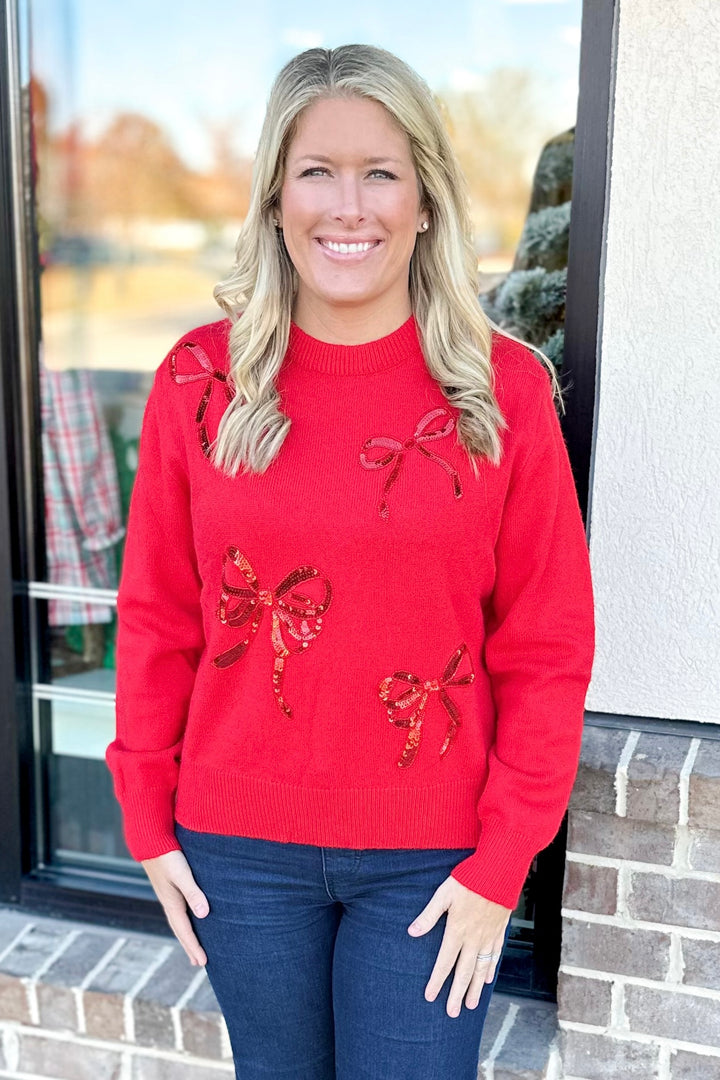 RED SEQUIN BOW SWEATER