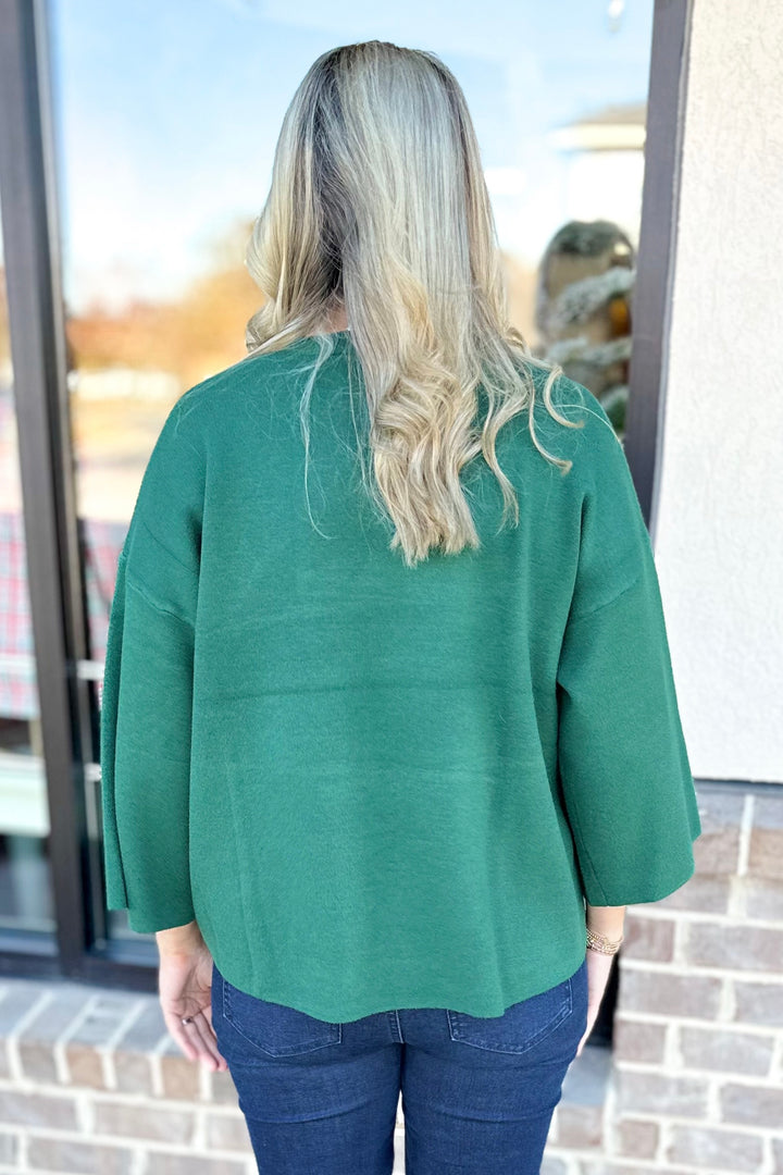 GREEN 3/4 SLEEVE SWING SWEATER