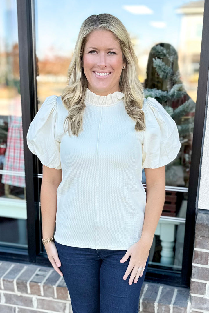 CREAM TEXTURED FRILL NECK PUFF SLEEVE TOP