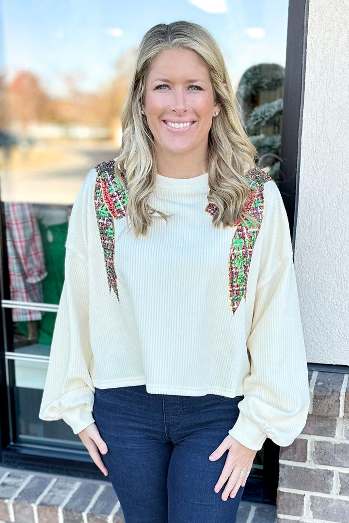 CREAM SEQUIN BOW SHOULDER TOP