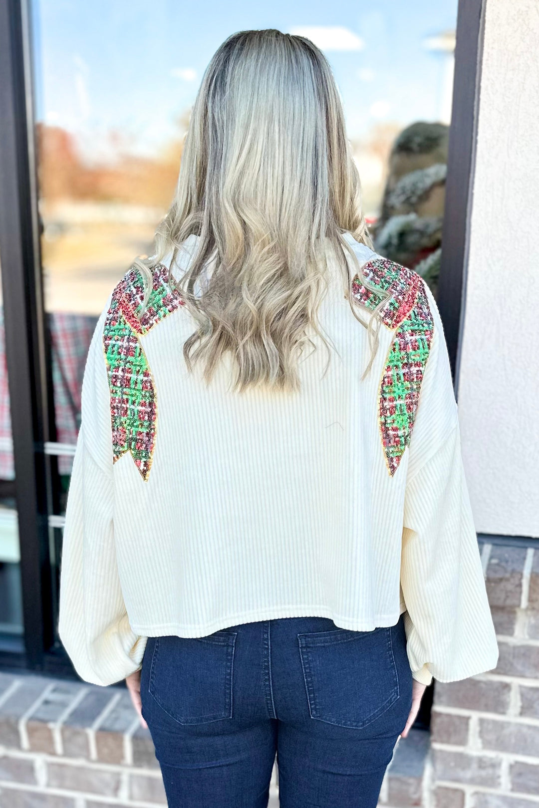 CREAM SEQUIN BOW SHOULDER TOP