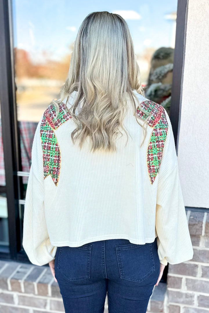 CREAM SEQUIN BOW SHOULDER TOP