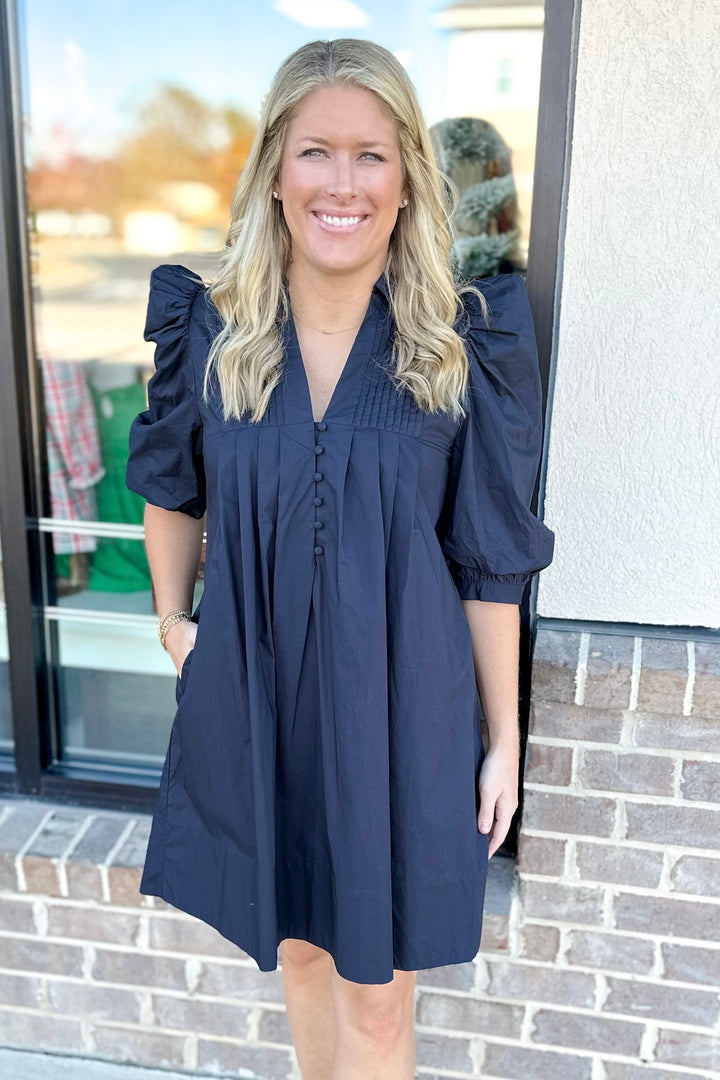 NAVY TUCK PLEAT DETAIL COLLAR DRESS