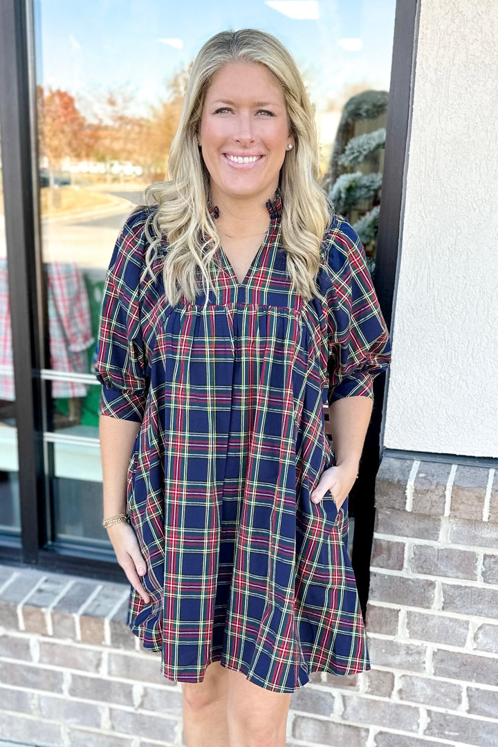 NAVY HOLIDAY PLAID PUFF SLEEVE DRESS