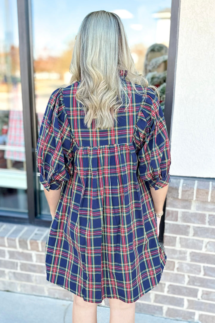 NAVY HOLIDAY PLAID PUFF SLEEVE DRESS