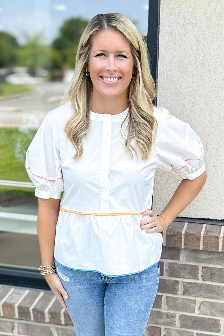 IVORY COLORFUL PIPING PEPLUM TOP