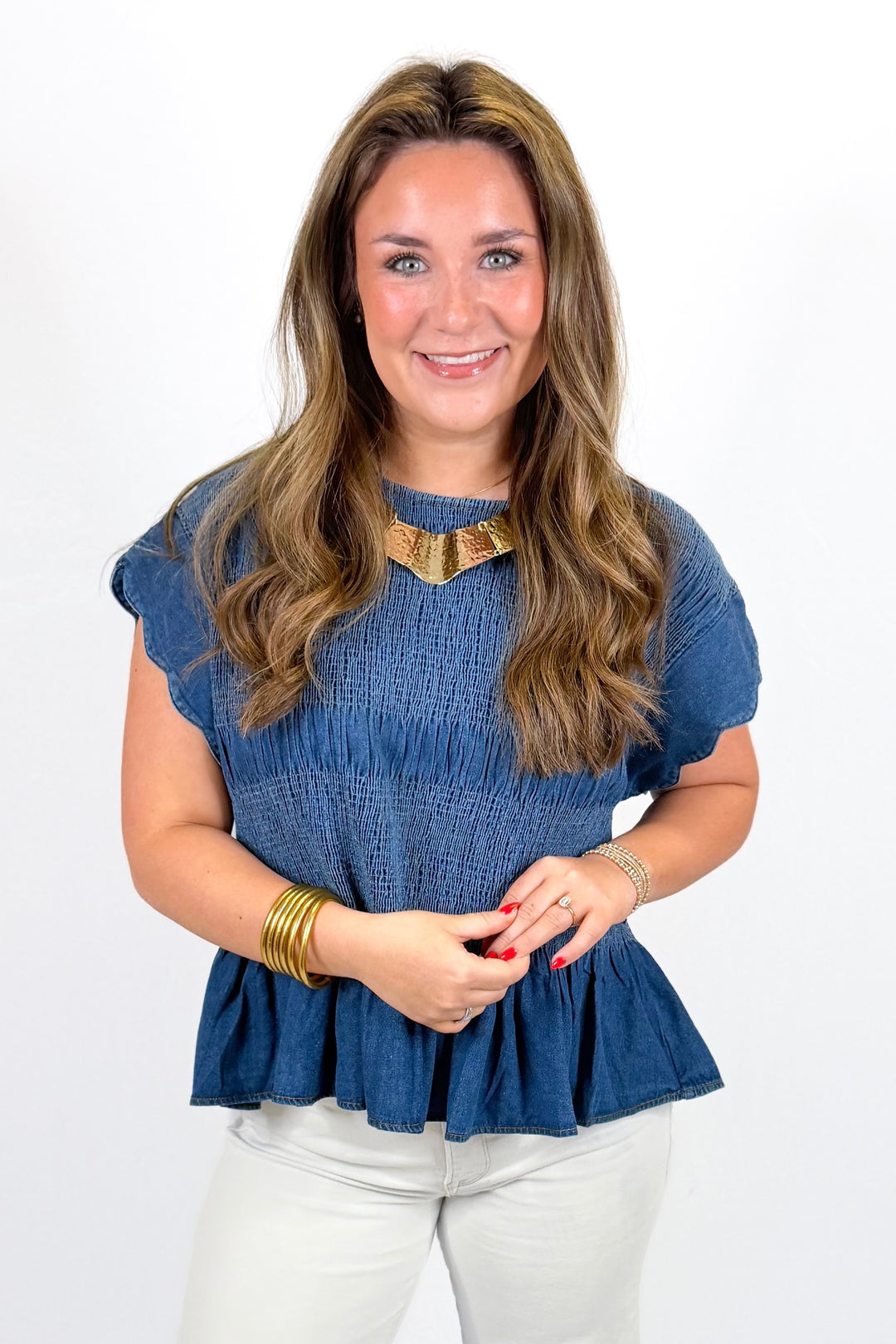 DENIM SMOCKED PEPLUM TOP