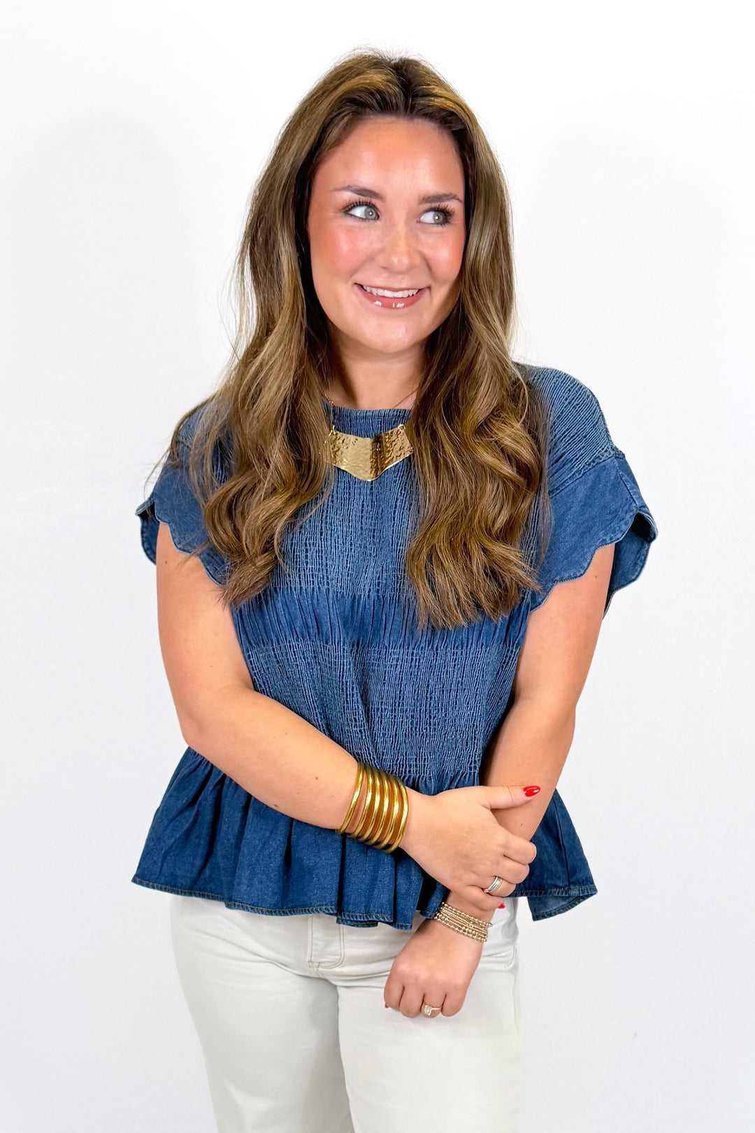 DENIM SMOCKED PEPLUM TOP