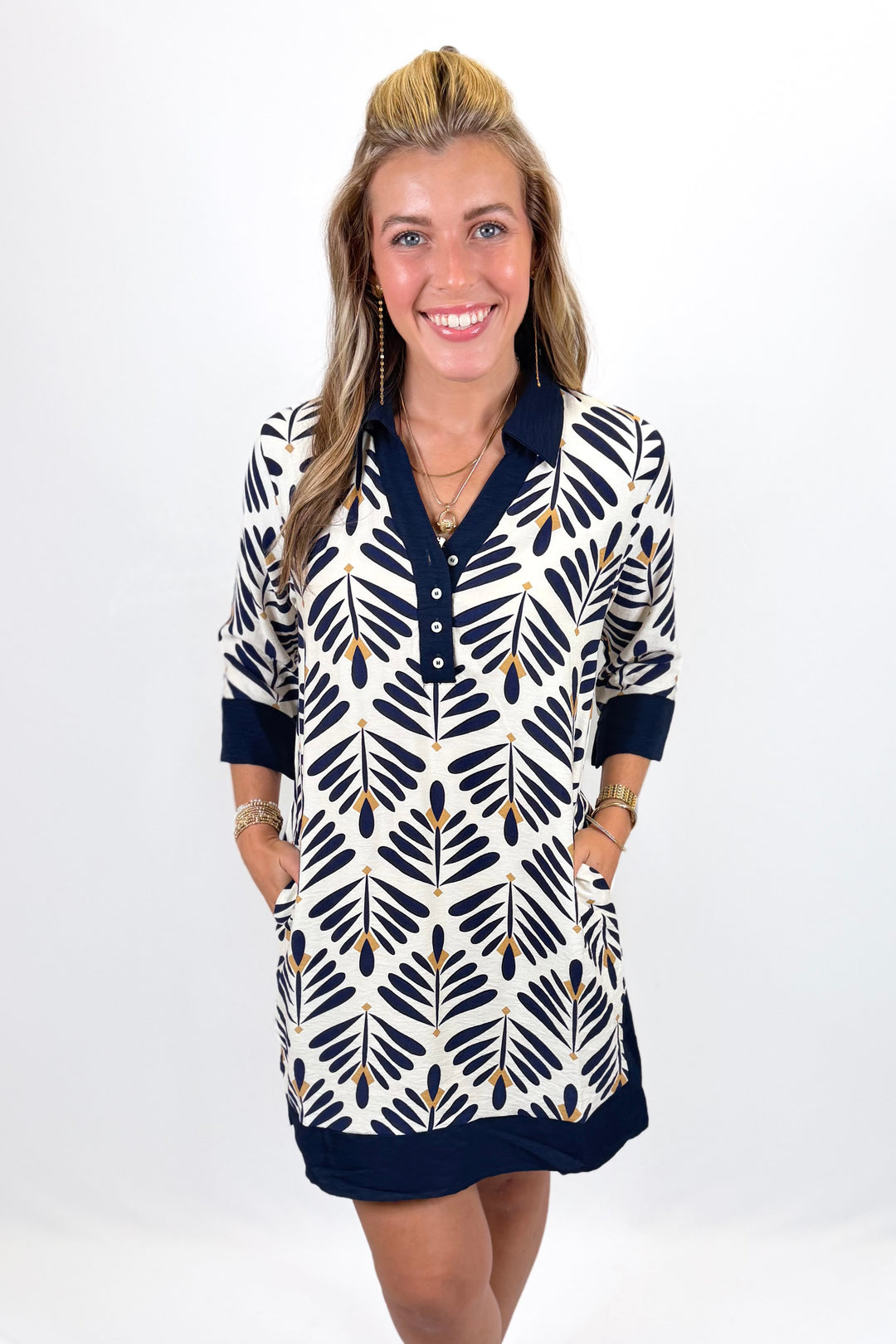 NAVY PRINTED COLLARED 3/4 SLEEVE DRESS