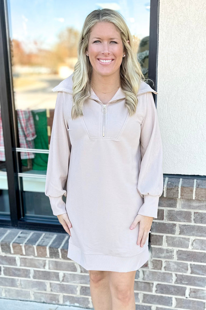 CREAM RIBBED HALF ZIP LONG SLEEVE DRESS