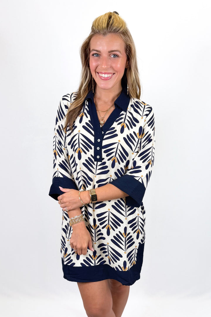 NAVY PRINTED COLLARED 3/4 SLEEVE DRESS