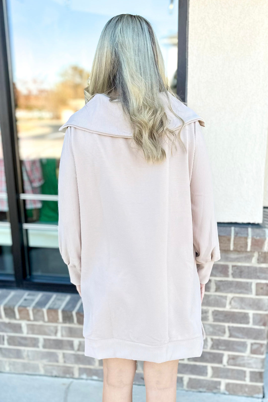 CREAM RIBBED HALF ZIP LONG SLEEVE DRESS