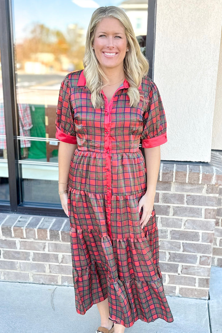 RED MULTI TIERED MIDI DRESS