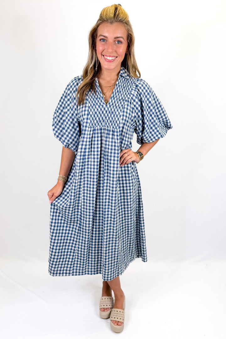 NAVY GINGHAM SMOCKED NECKLINE MIDI DRESS