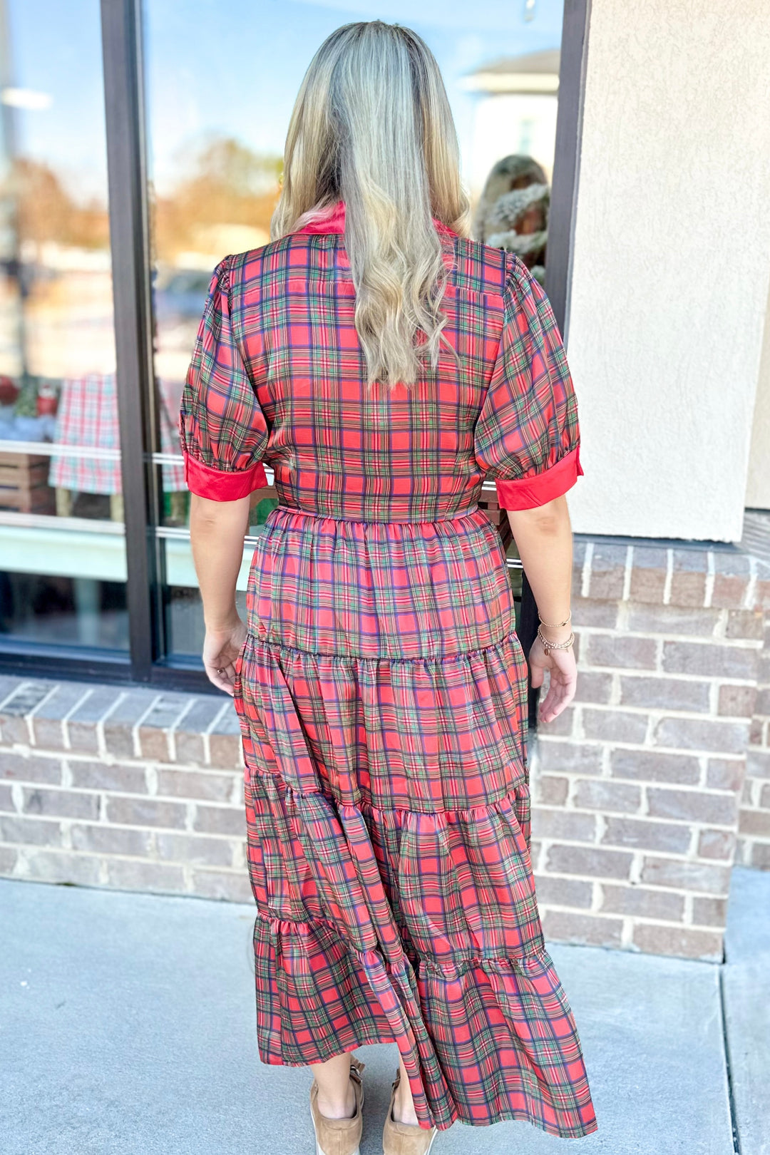 RED MULTI TIERED MIDI DRESS