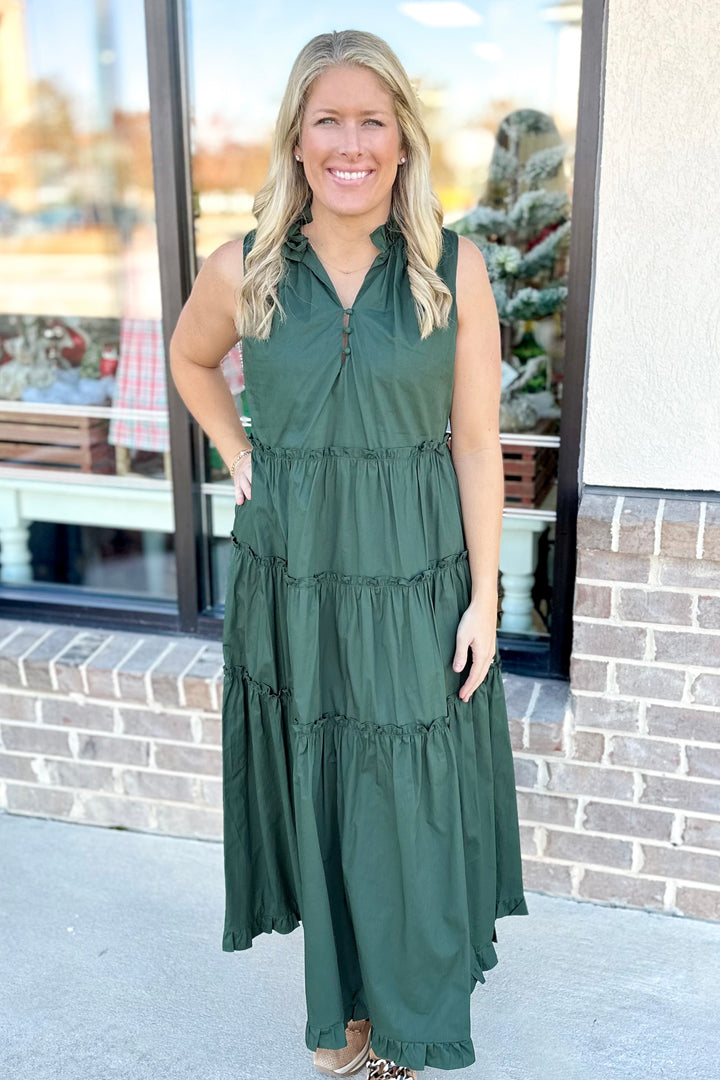 OLIVE SLEEVELESS TIERED MAXI DRESS