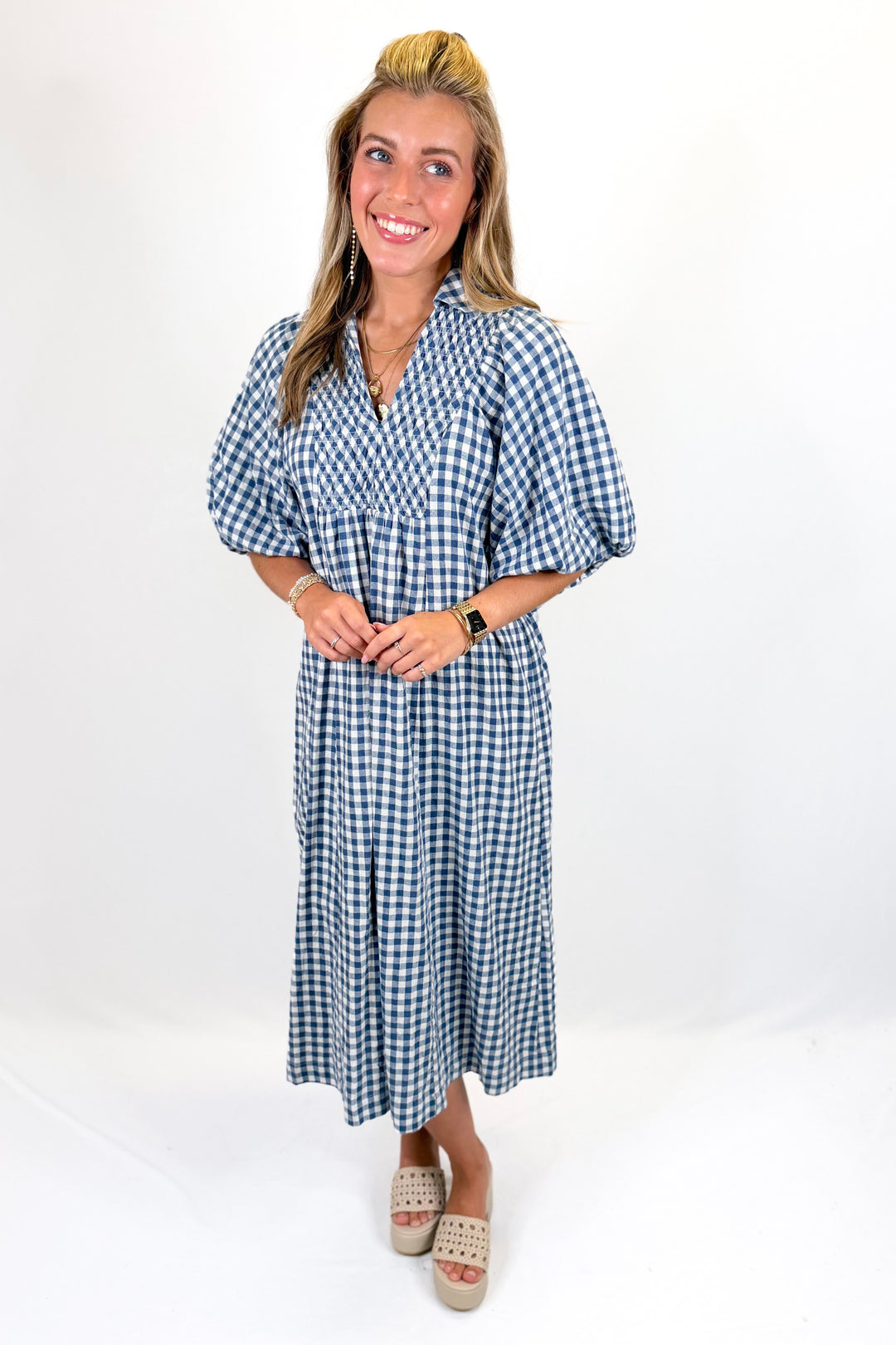 NAVY GINGHAM SMOCKED NECKLINE MIDI DRESS