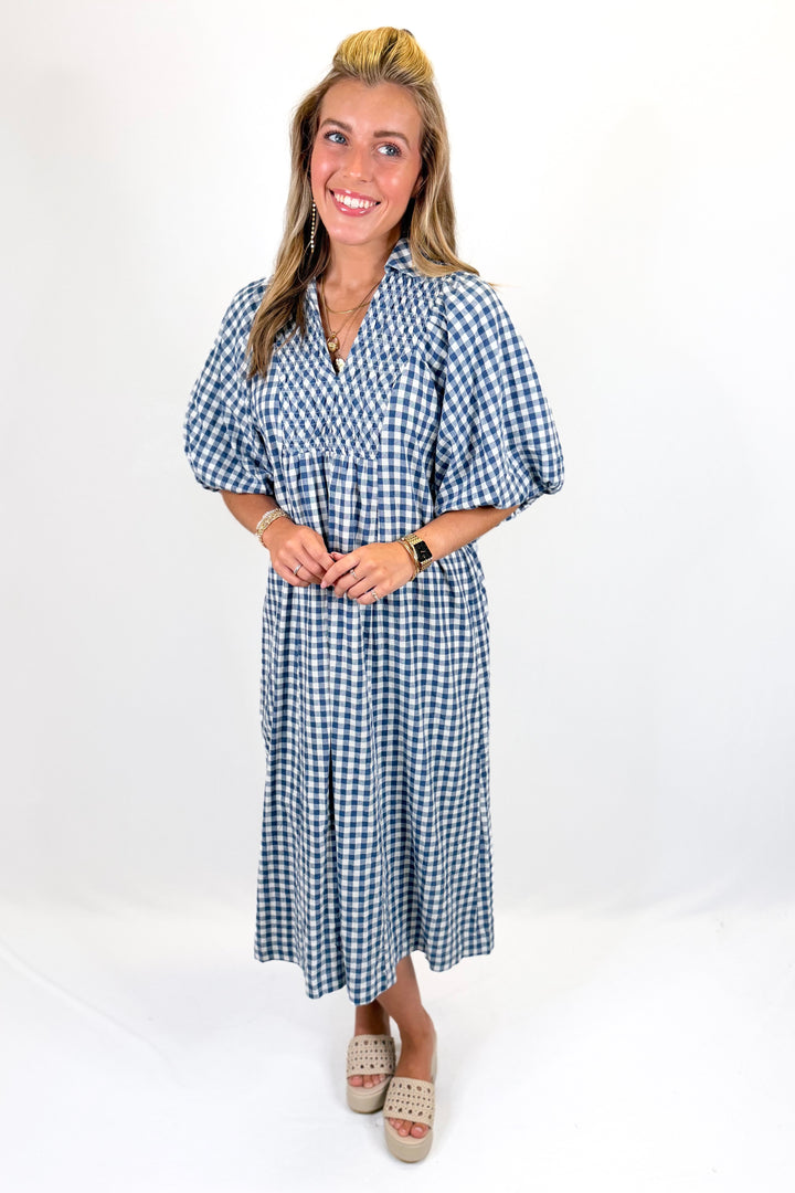NAVY GINGHAM SMOCKED NECKLINE MIDI DRESS