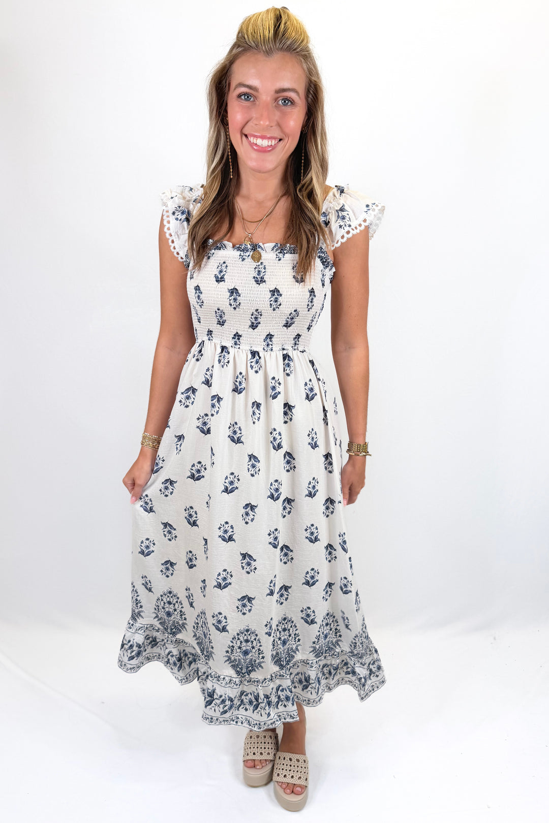 NAVY BLOCK PRINT SMOCKED RUFFLE SHOULDER MIDI DRESS