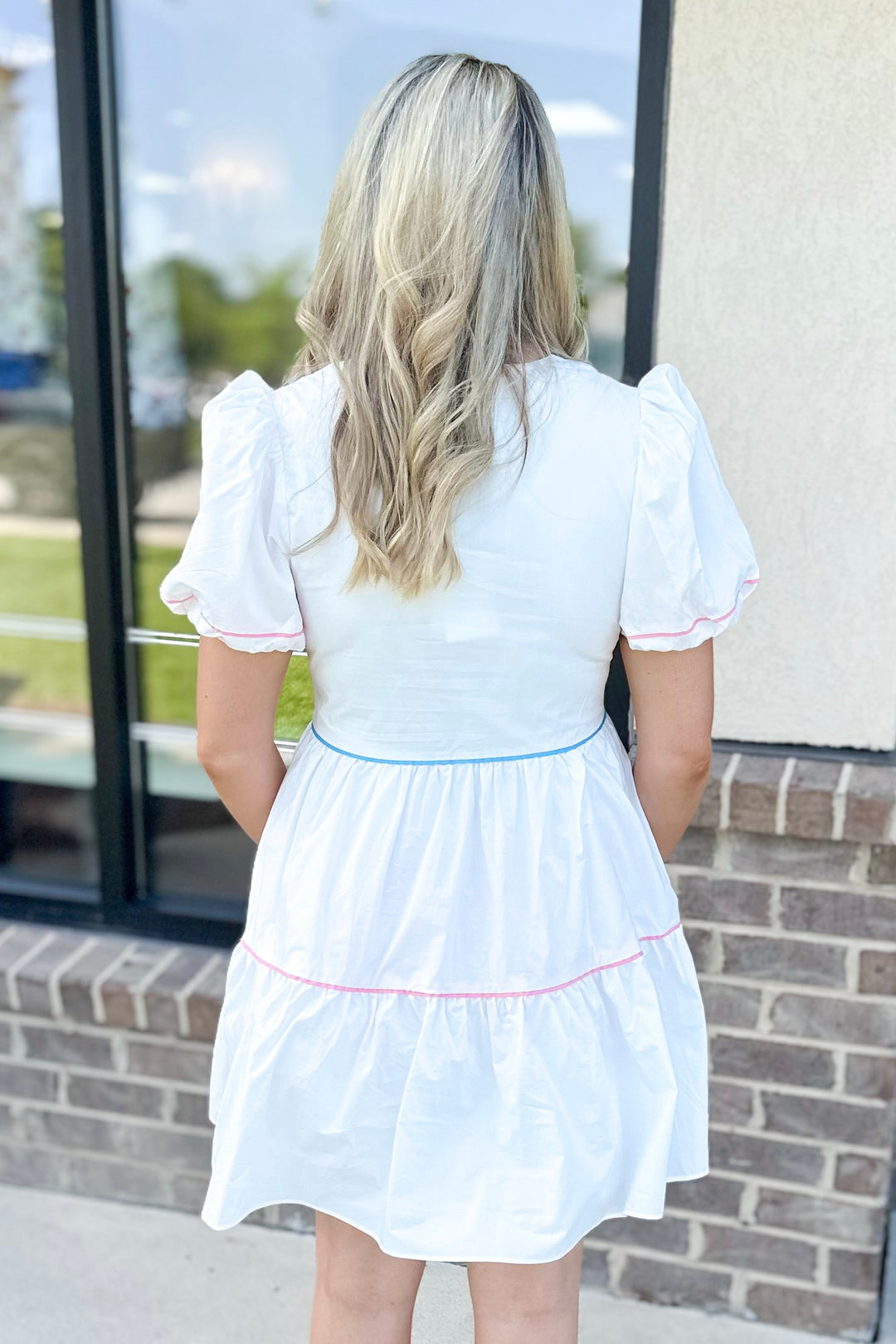WHITE COLORFUL PIPING DETAIL BABYDOLL DRESS