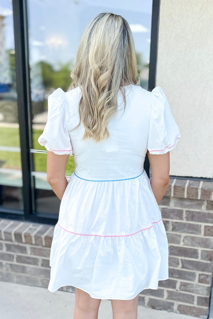 WHITE COLORFUL PIPING DETAIL BABYDOLL DRESS