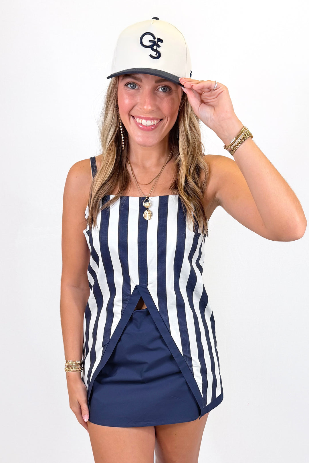 NAVY STRIPE FRONT SLIT TANK & SKORT SET