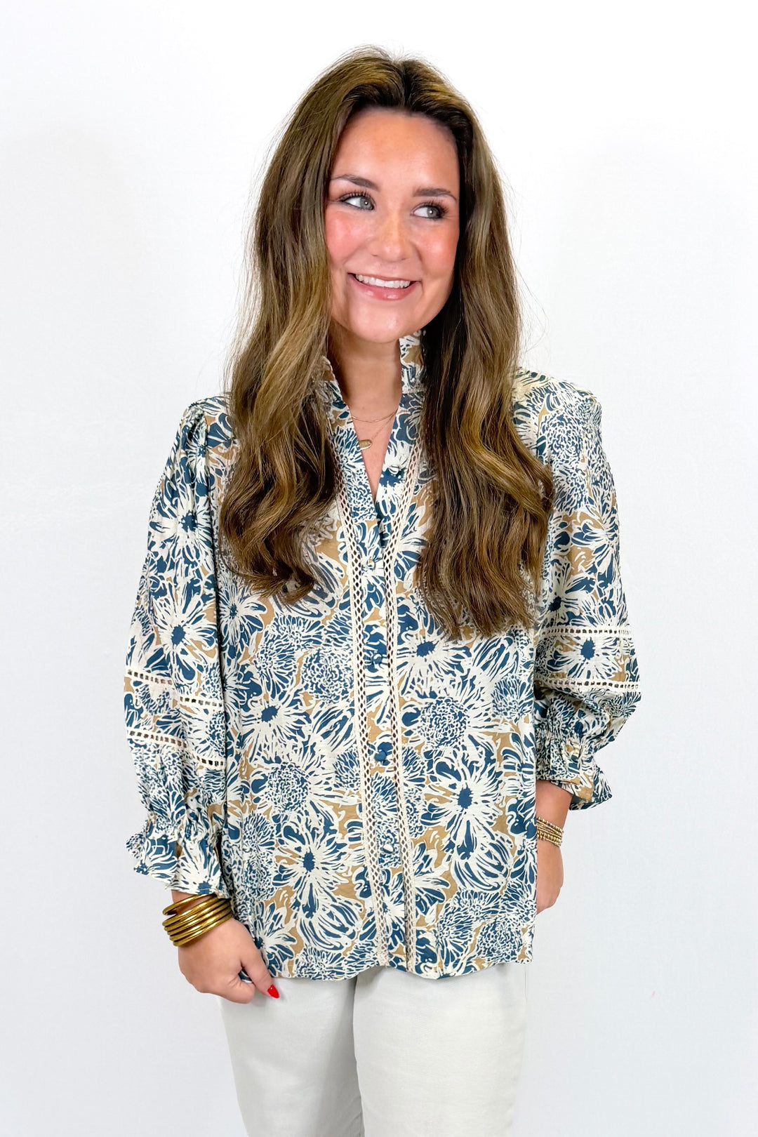 BLUE & MUSTARD FLORAL BUTTON DOWN TOP