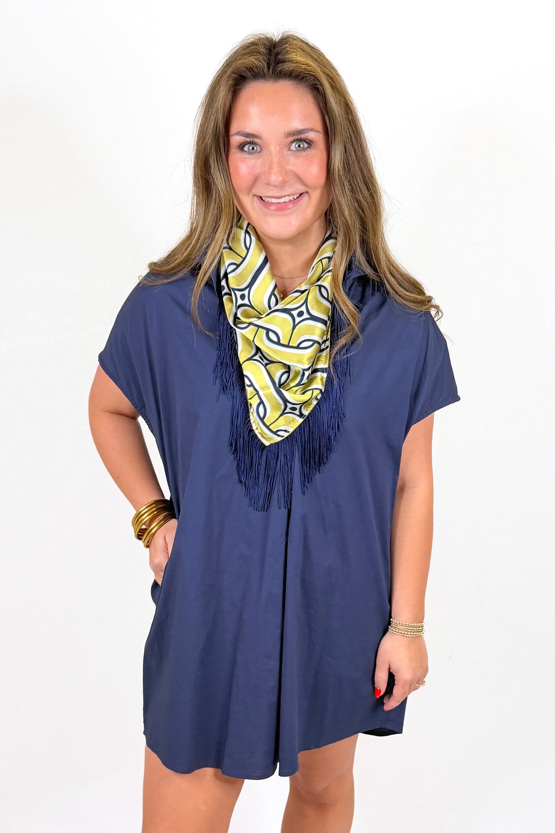 KARLIE: NAVY POPLIN VNECK SIGNATURE COLLAR DRESS