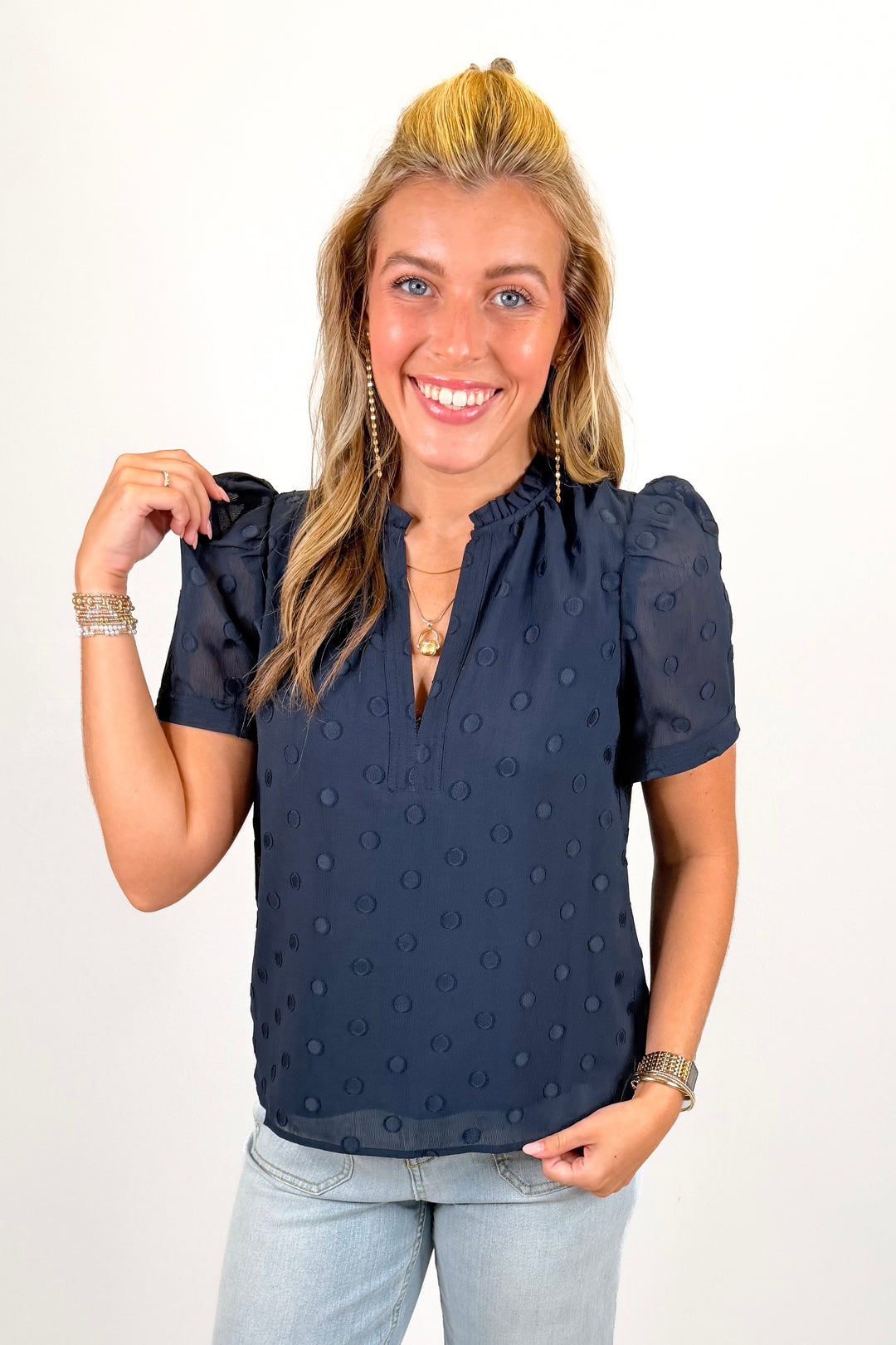 NAVY EMBROIDERED POLKA DOT TOP