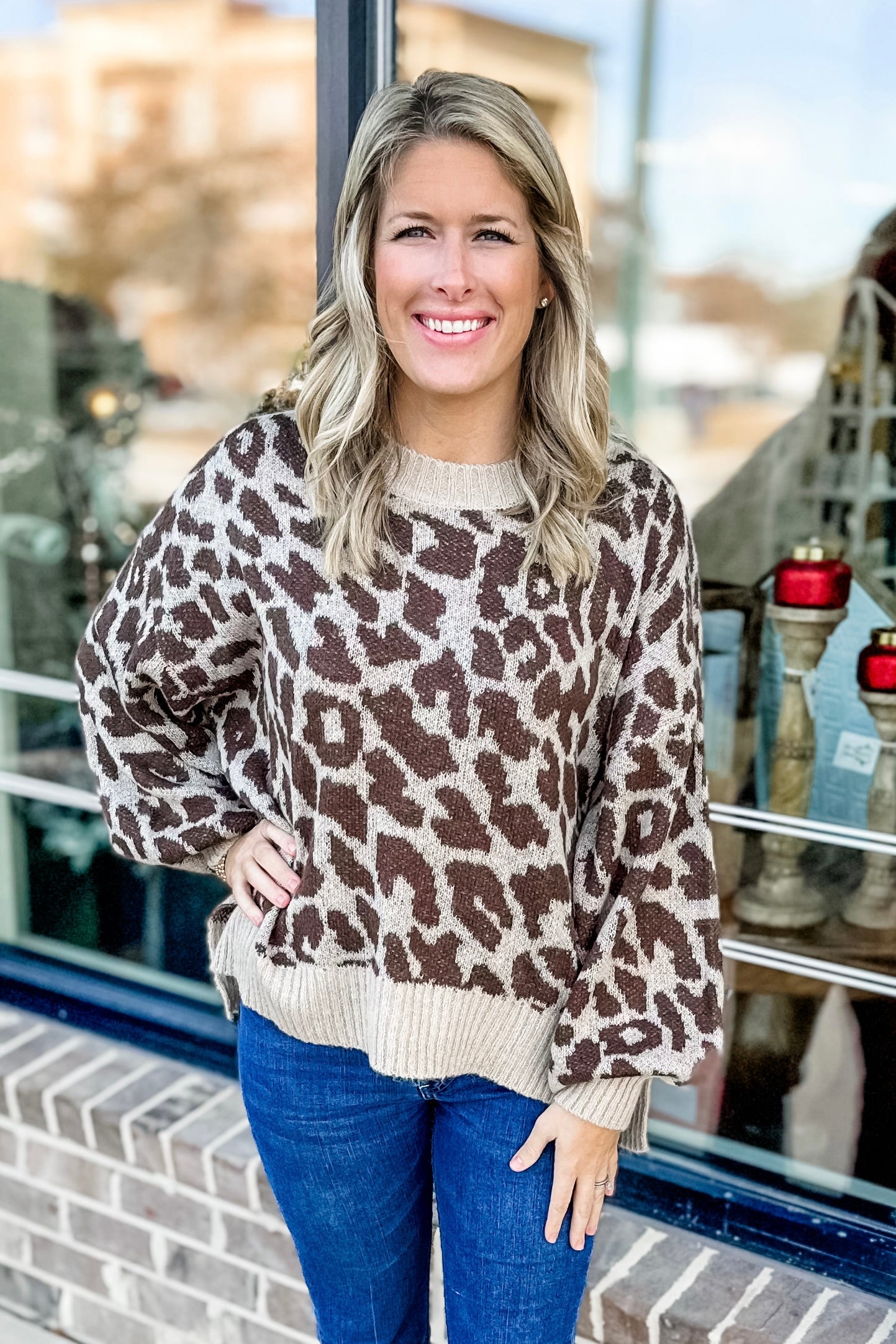 BROWN LEOPARD CREW NECK SWEATER Walker Boutique