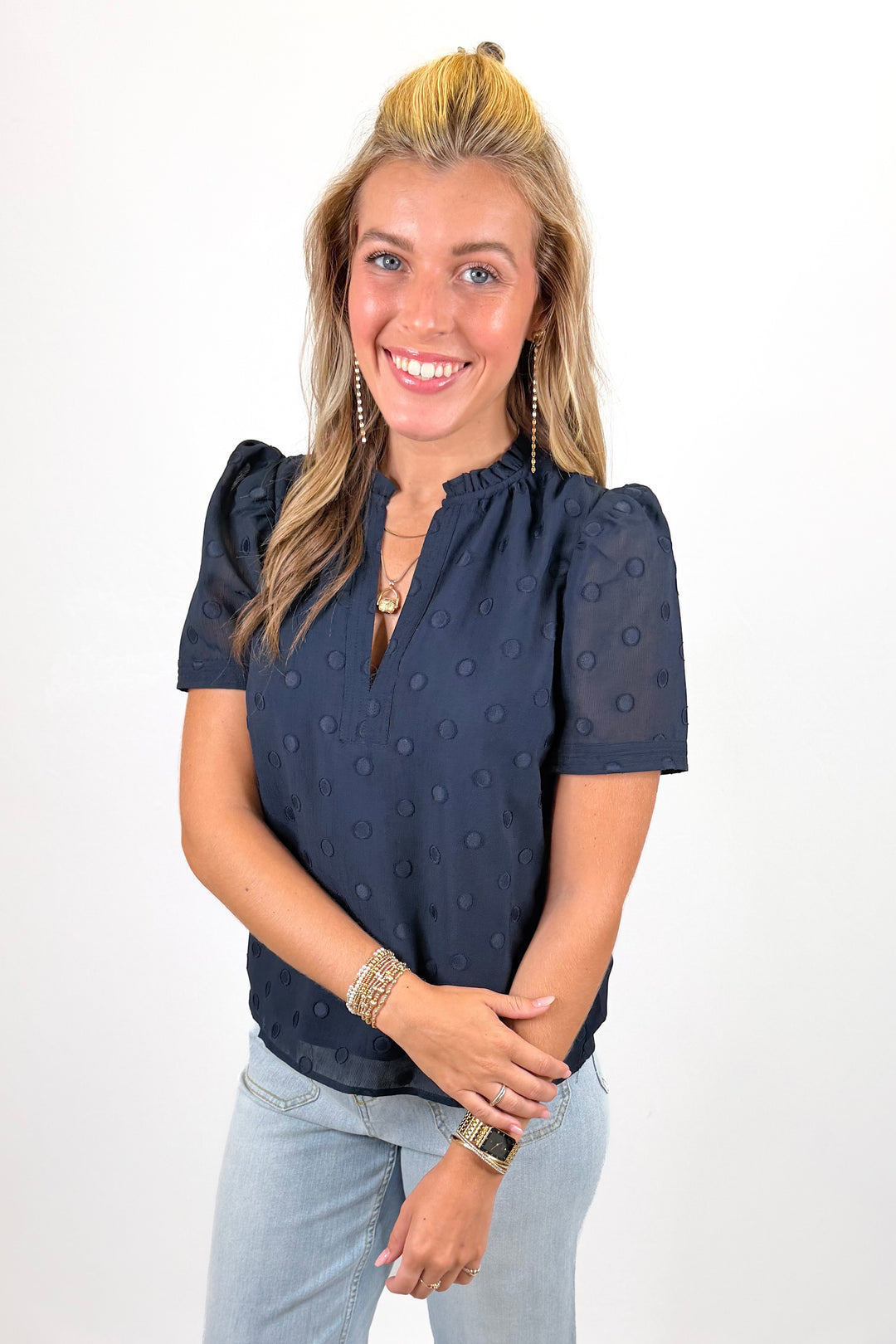 NAVY EMBROIDERED POLKA DOT TOP