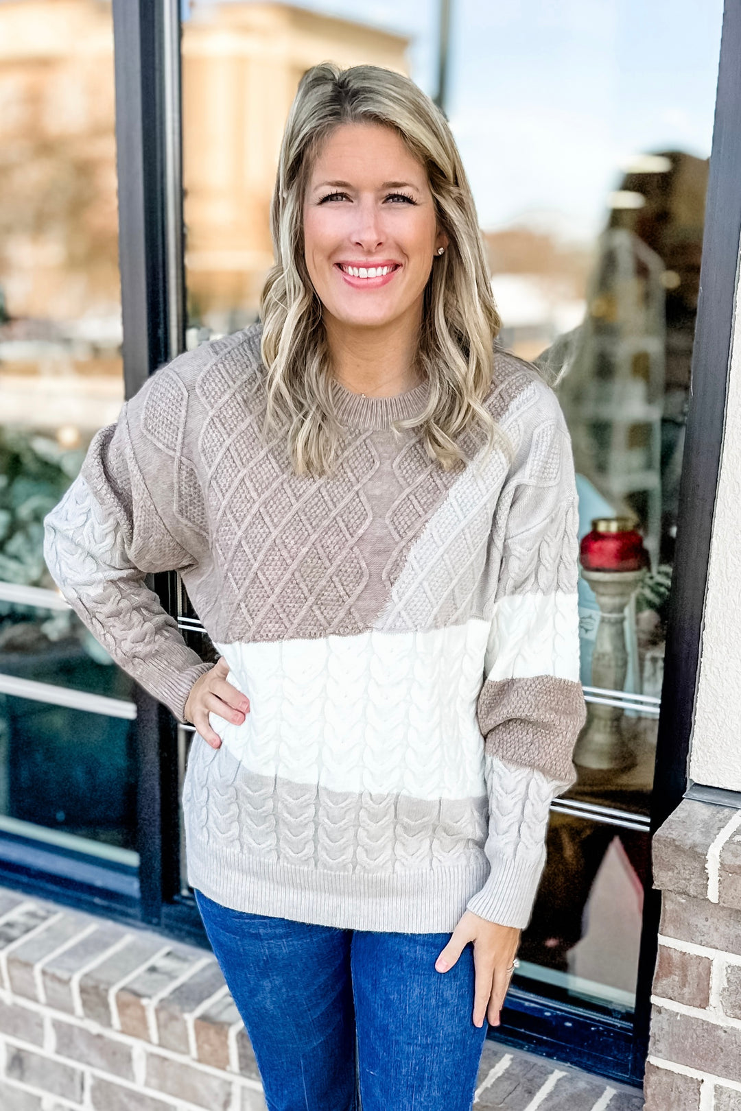 TAUPE TEXTURED COLOR BLOCK SWEATER