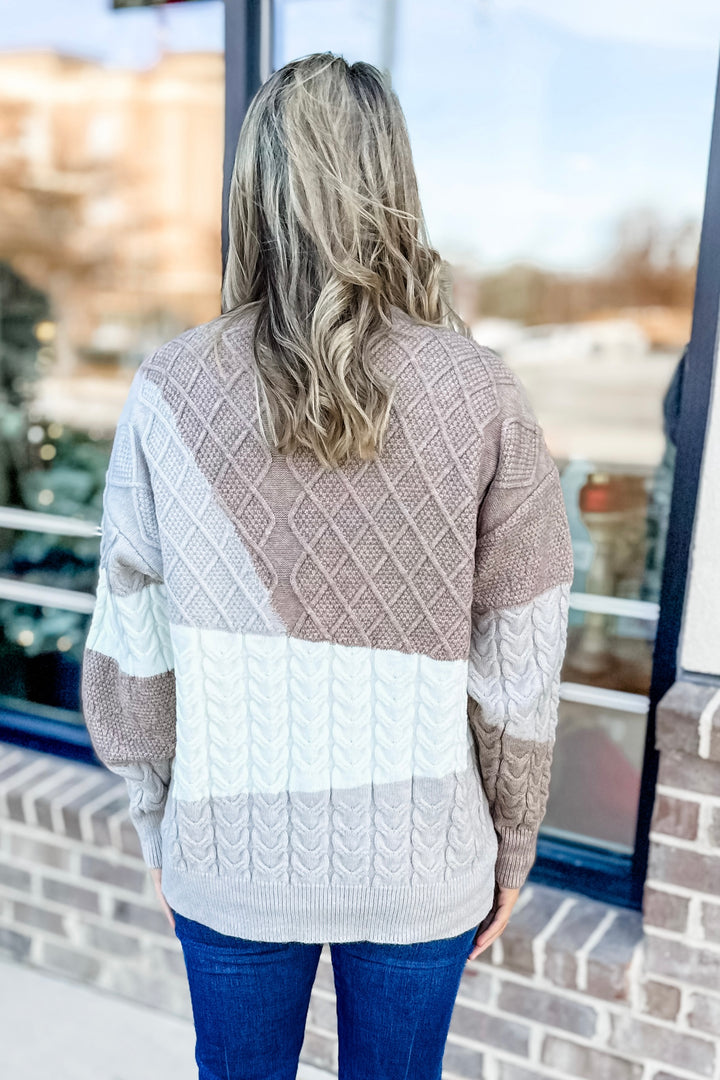 TAUPE TEXTURED COLOR BLOCK SWEATER