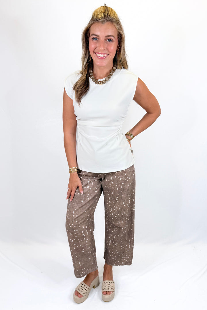 TAN FAWN PRINTED BARREL JEANS