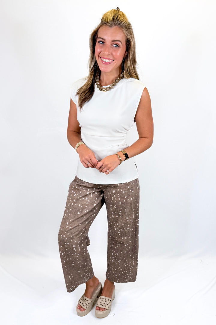 TAN FAWN PRINTED BARREL JEANS