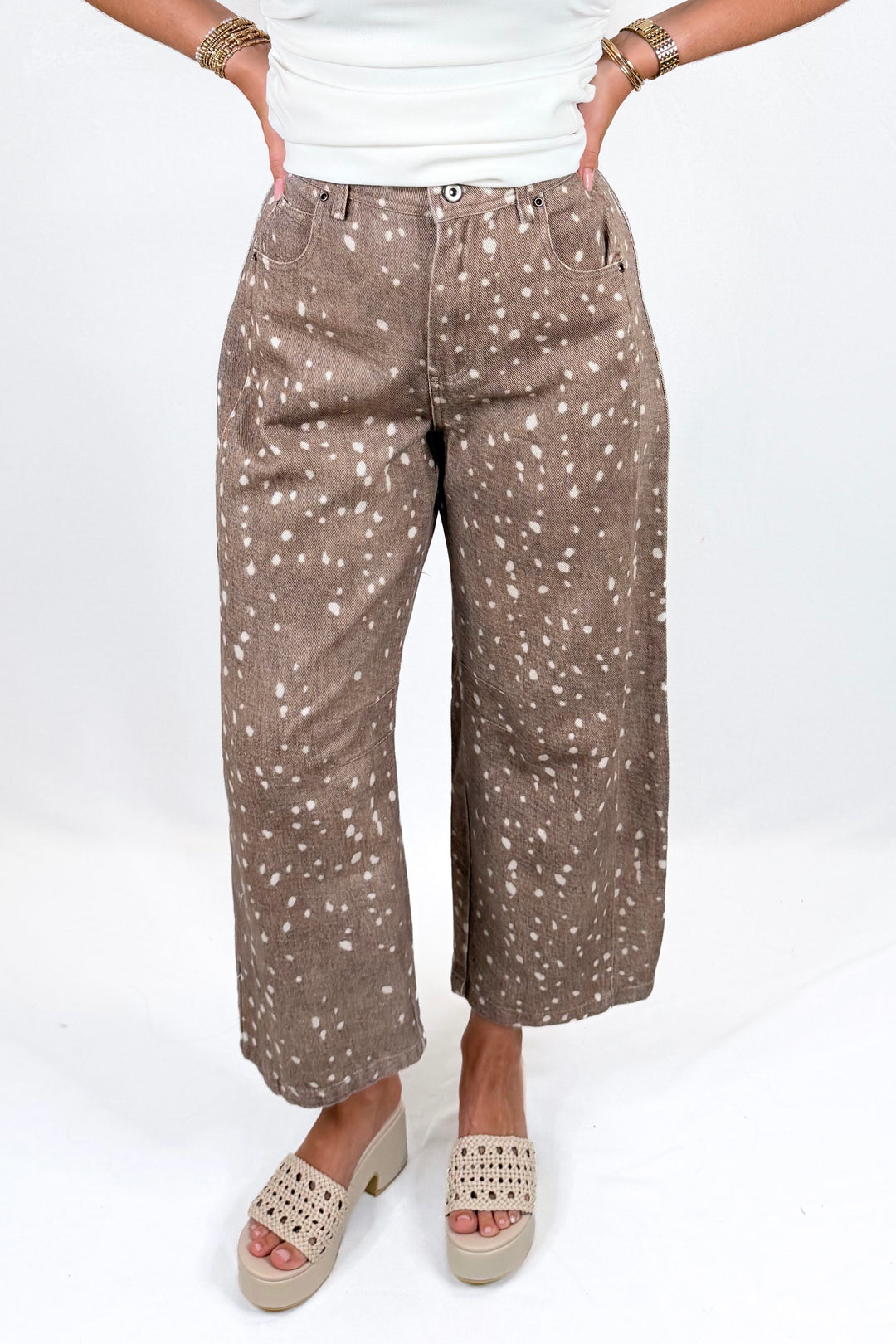 TAN FAWN PRINTED BARREL JEANS