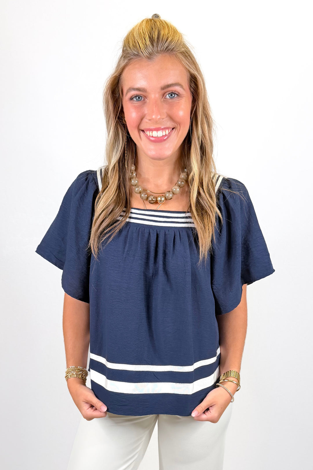 NAVY & WHITE TRIM SQUARE NECK TOP