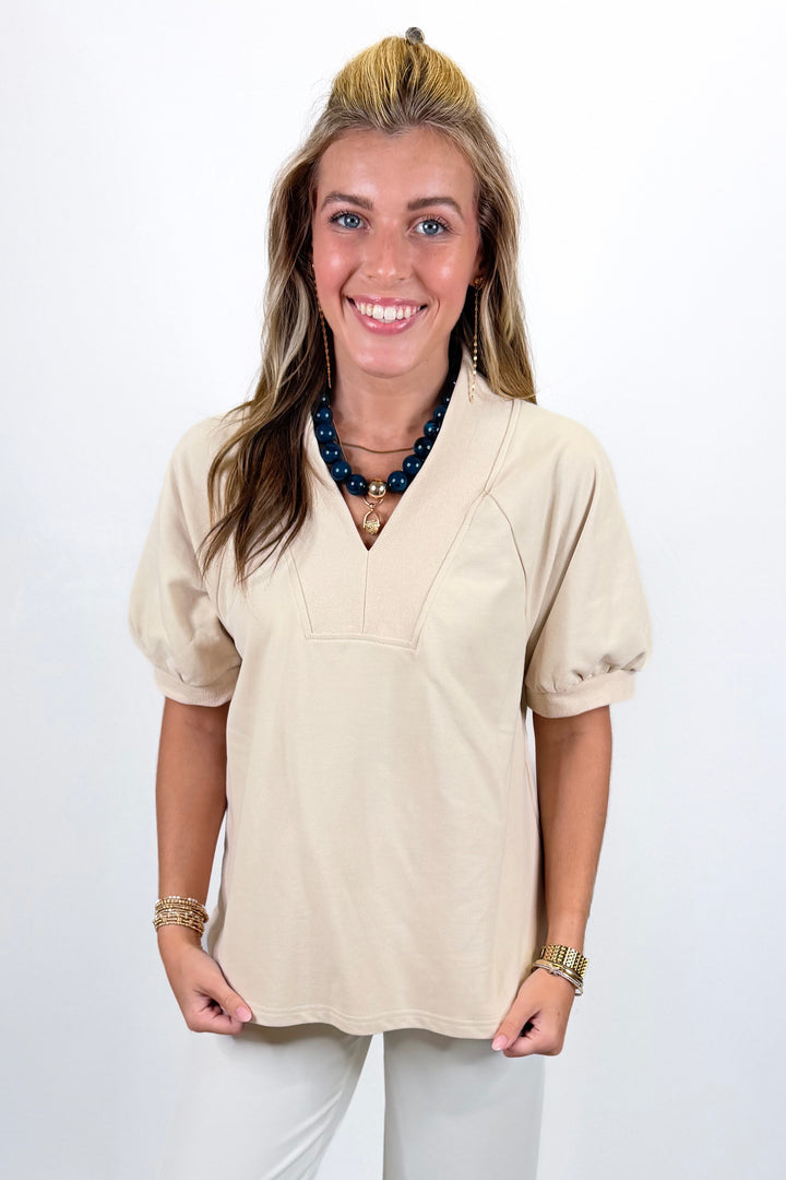 CREAM RIBBED TRIM VNECK TOP