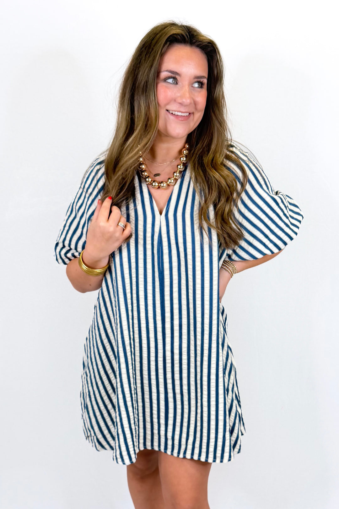BLUE STRIPE PUFF SLEEVE SHIFT DRESS