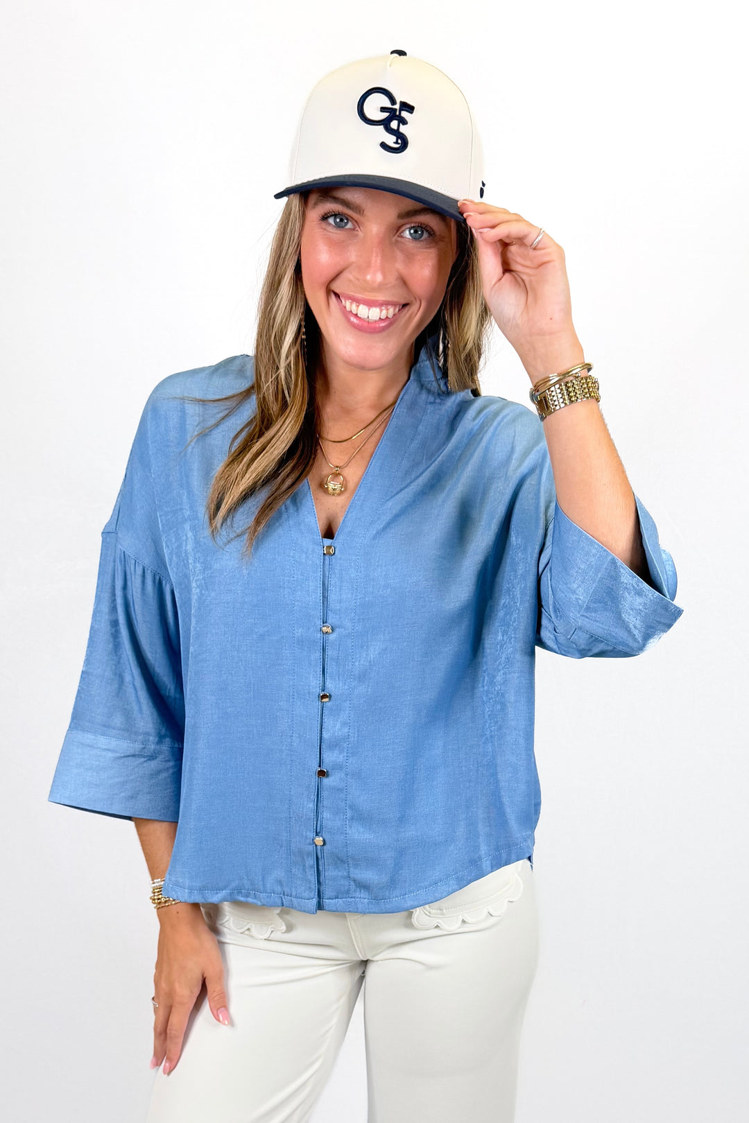 BLUE BUTTON WIDE SLEEVE TOP